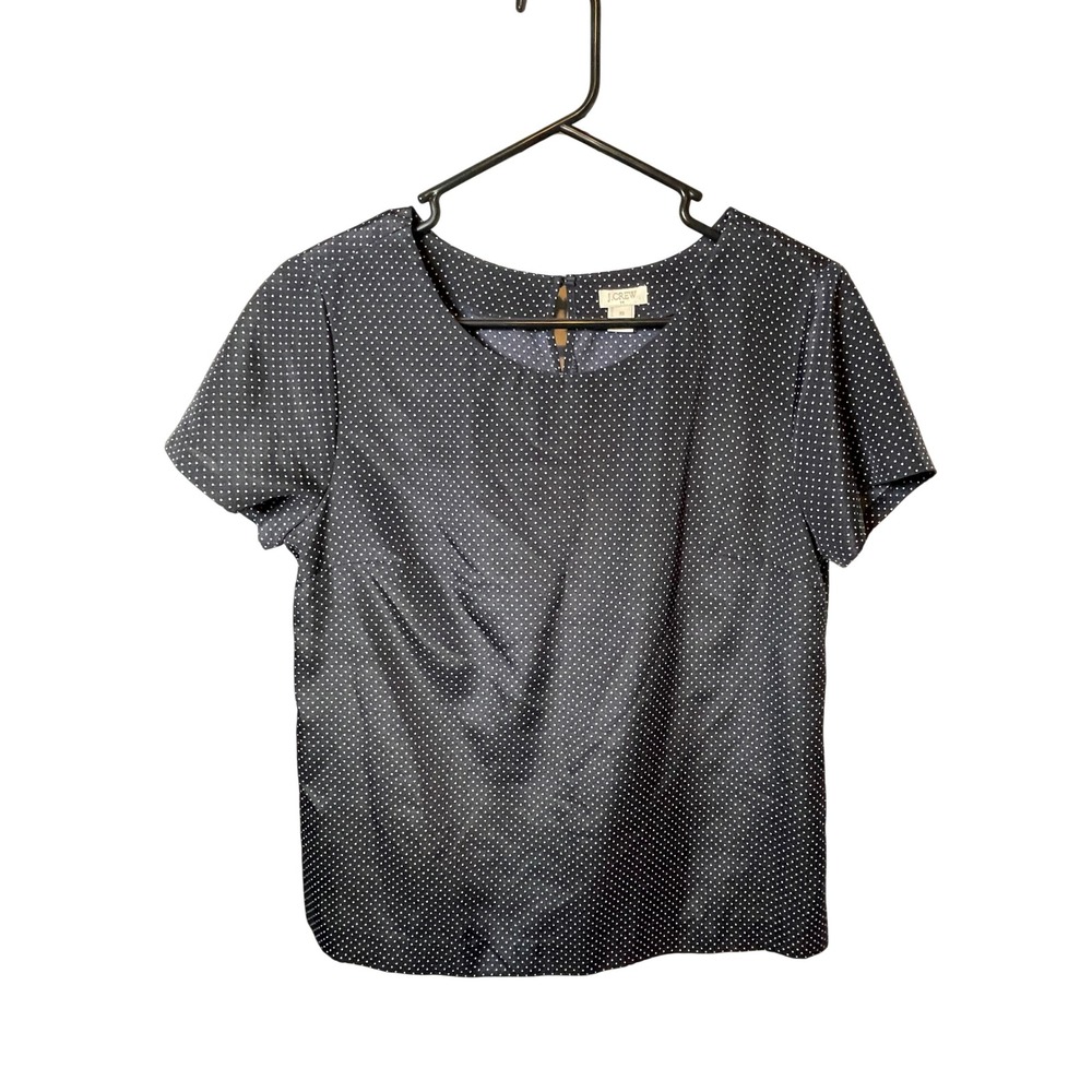 J.Crew Polka Dot Top Womens XS Navy Blue Short Sleeve Keyhole Back Blouse Shirt